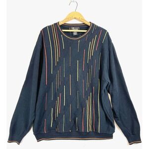 TOSANI Vintage Textured Knit Coogi Style Black‎ Colourful Stripe Mens Sweater XL